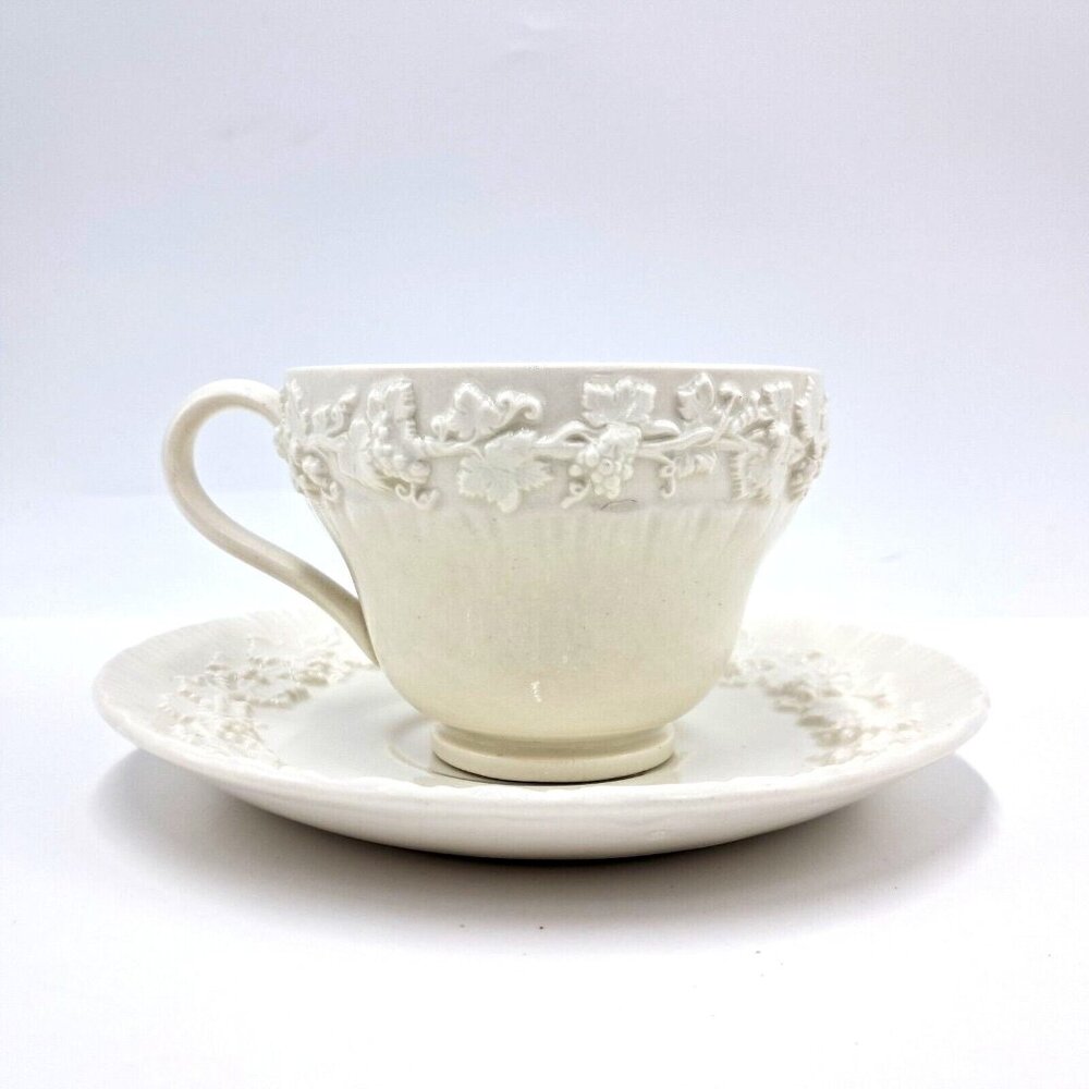 Wedgwood Embossed Queensware Tea Cup & Saucer Cream on Cream Grapevine England